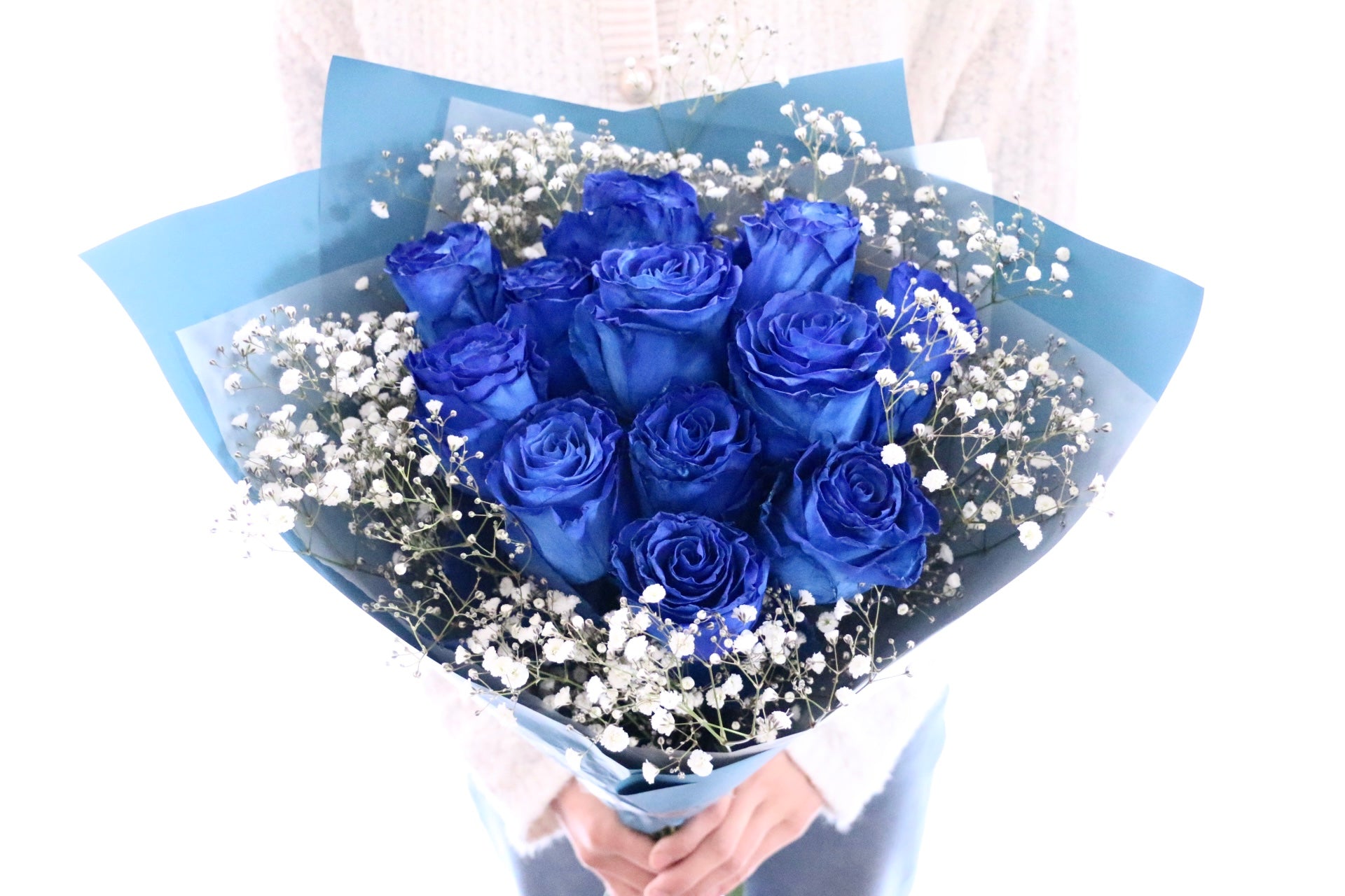 大輪】12本の青いバラとカスミソウ（かすみ草）の花束-私の妻になって
