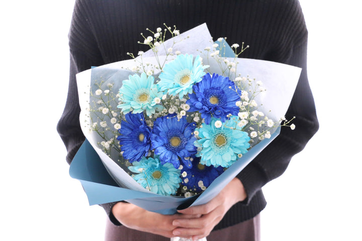 水色と青色のガーベラ（8本）とカスミソウの花束