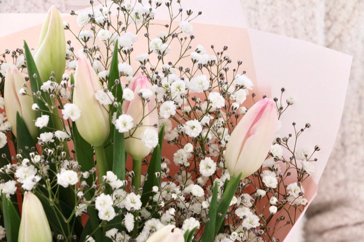 淡いピンクのチューリップ（9本）とカスミソウの花束