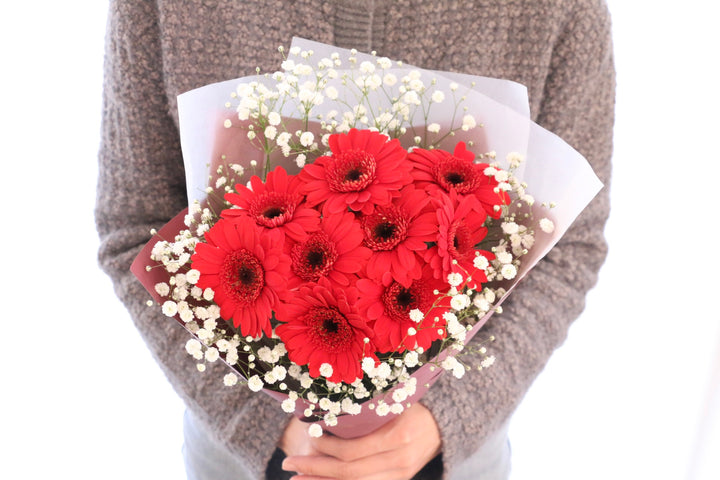 赤色のガーベラ（9本）とカスミソウの花束-いつまでも一緒にいてください