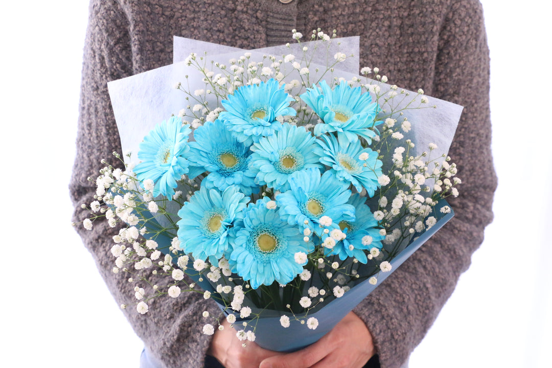 水色のガーベラ（10本）とカスミソウの花束