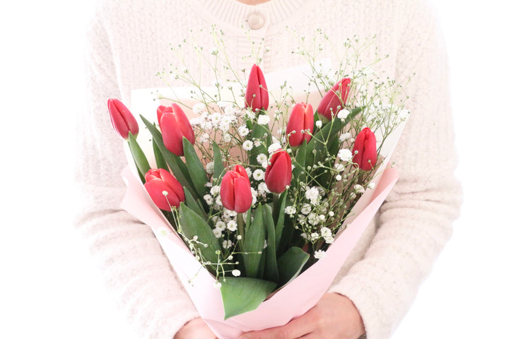 赤いチューリップ（9本）とカスミソウの花束