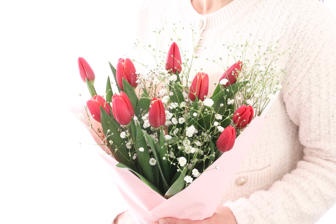 赤いチューリップ（10本）とカスミソウの花束