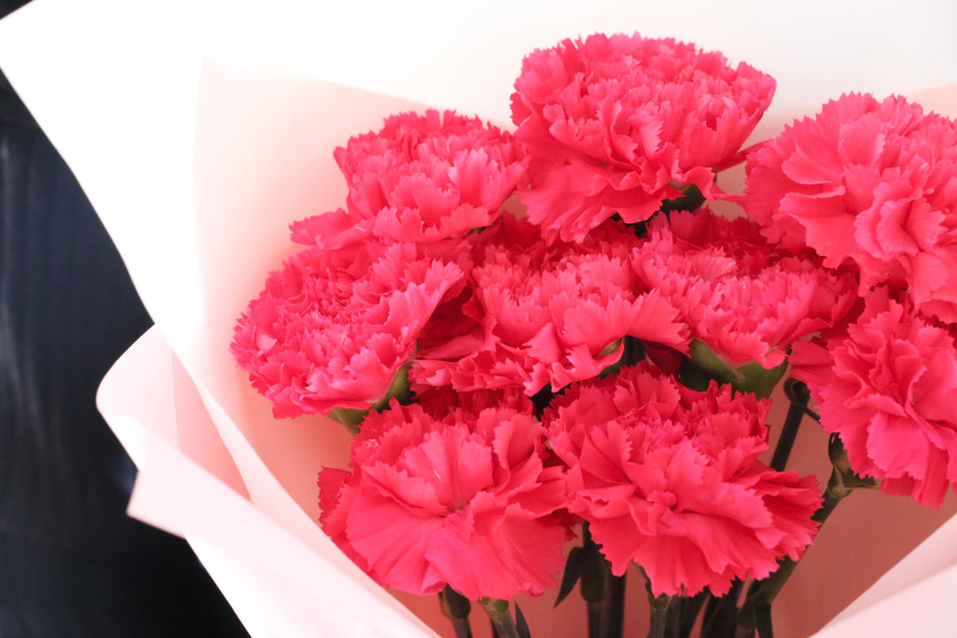 濃いピンクのカーネーションの花束（9本）-いつまでも一緒にいてください