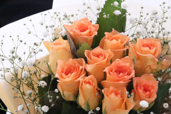 10本のオレンジ色バラとカスミソウの花束