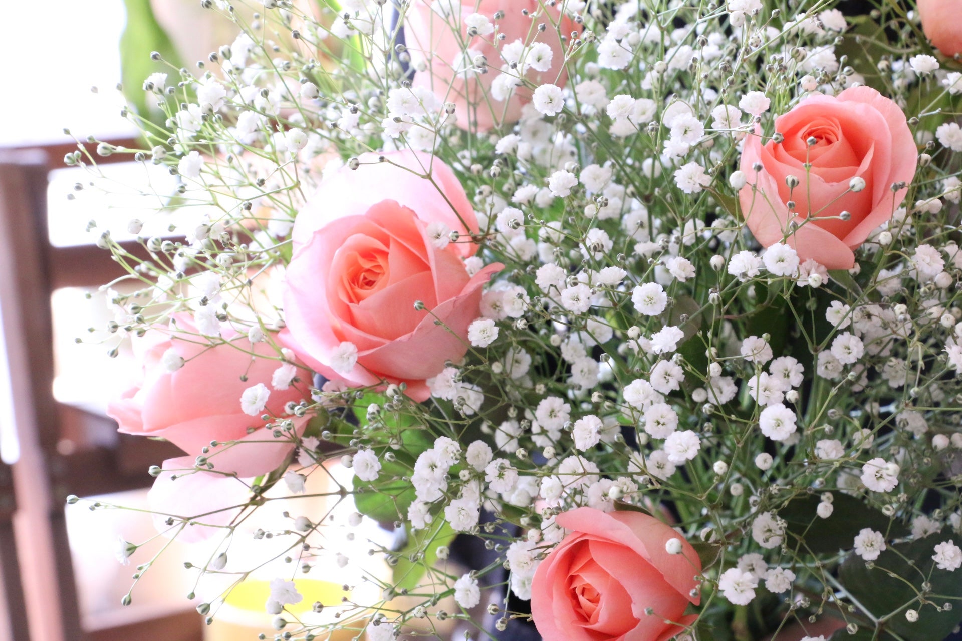 Pranko ピンク 薔薇 かすみ 草 花束 ピンクローズとミニ薔薇とかすみ草