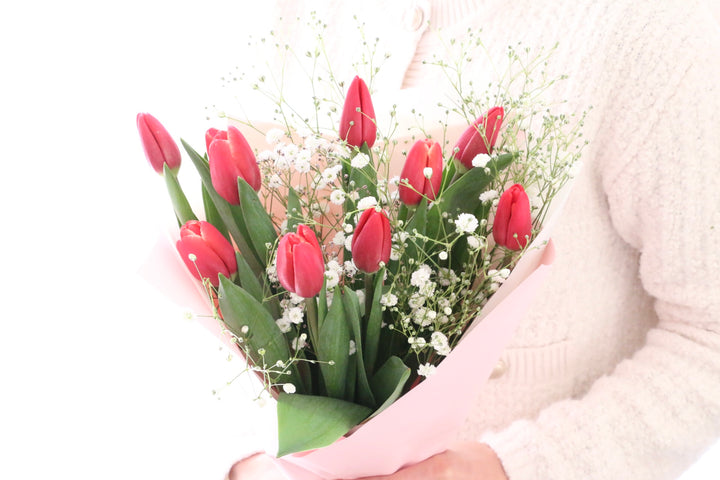 赤いチューリップ（9本）とカスミソウの花束