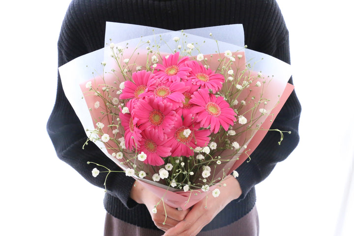 濃いピンク色のガーベラ（10本）とカスミソウの花束
