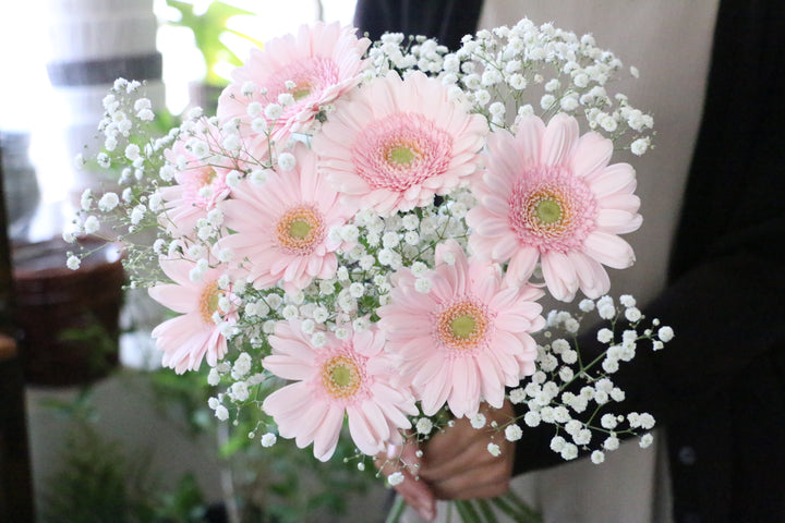 かすみ草（カスミソウ）とピンク色のガーベラの花束