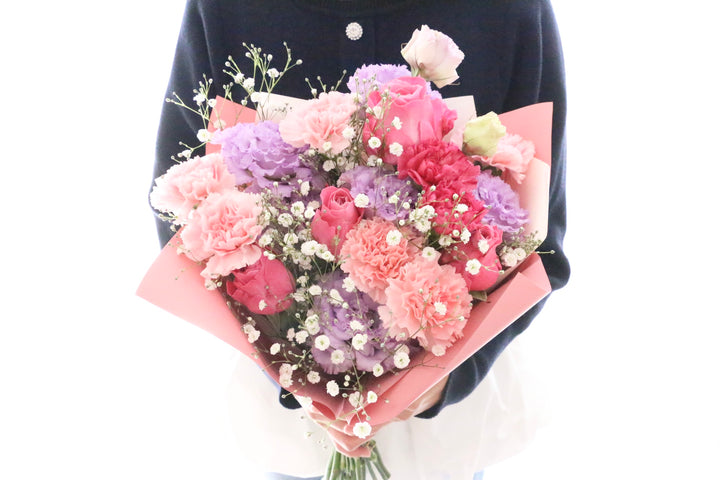 カスミソウ入り紫・ピンクの花束 8,000円
