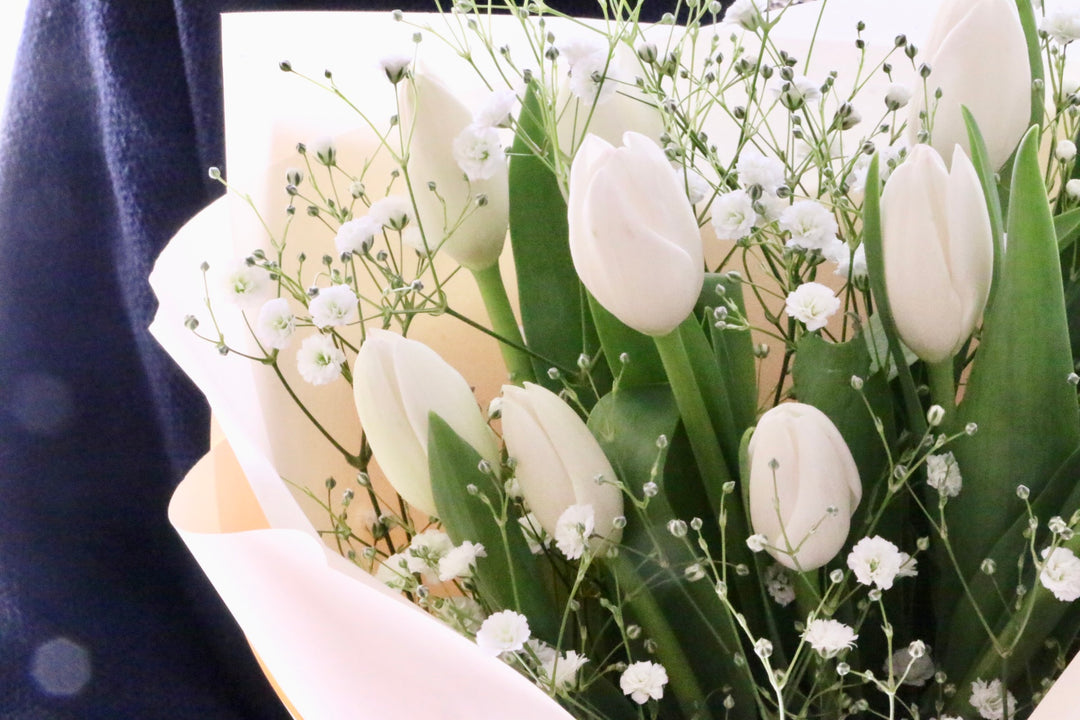 白のチューリップ（10本）とカスミソウの花束
