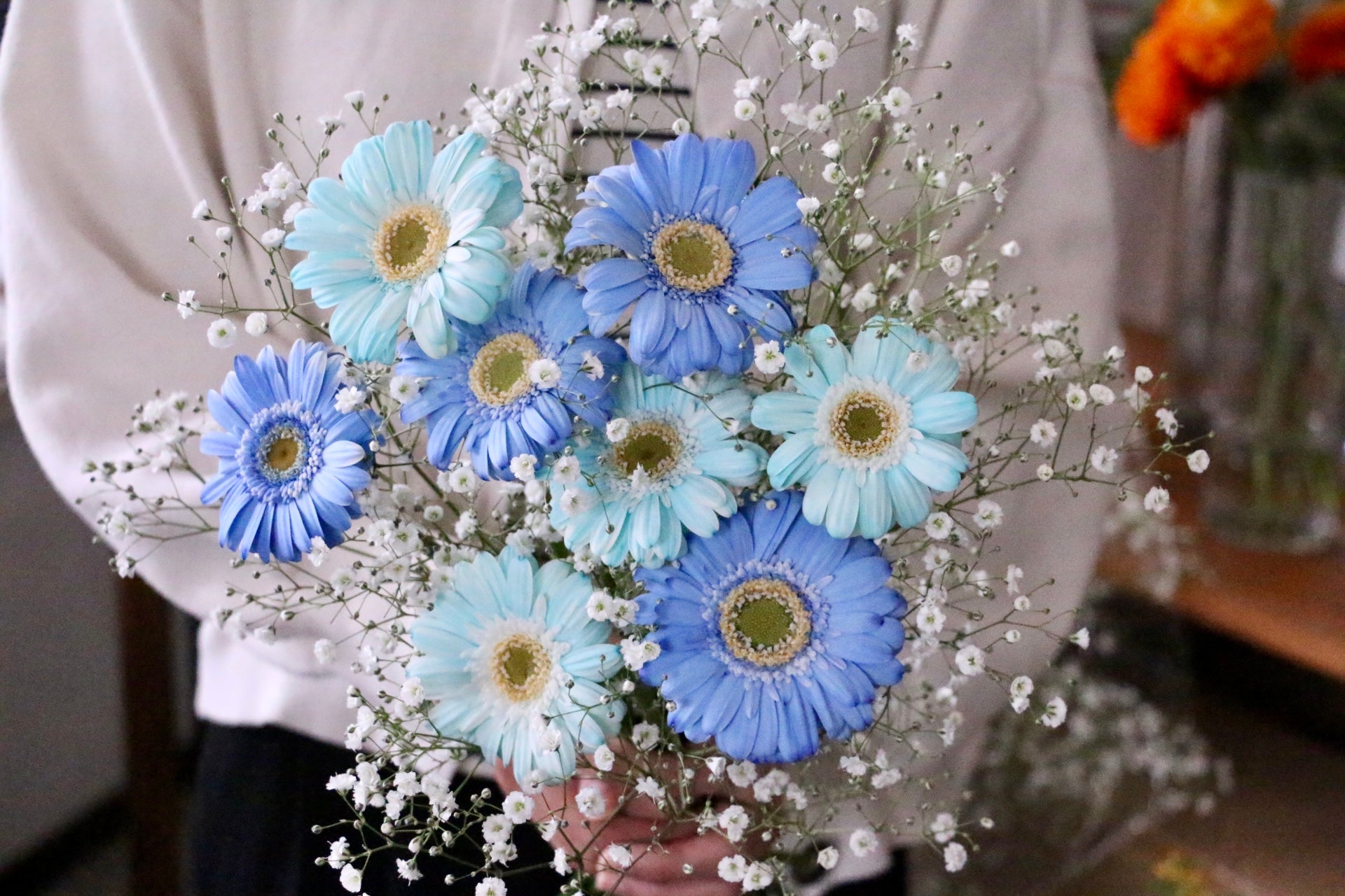 カスミソウと水色、青色ガーベラ(染め)の花束 – 花・花束の通販