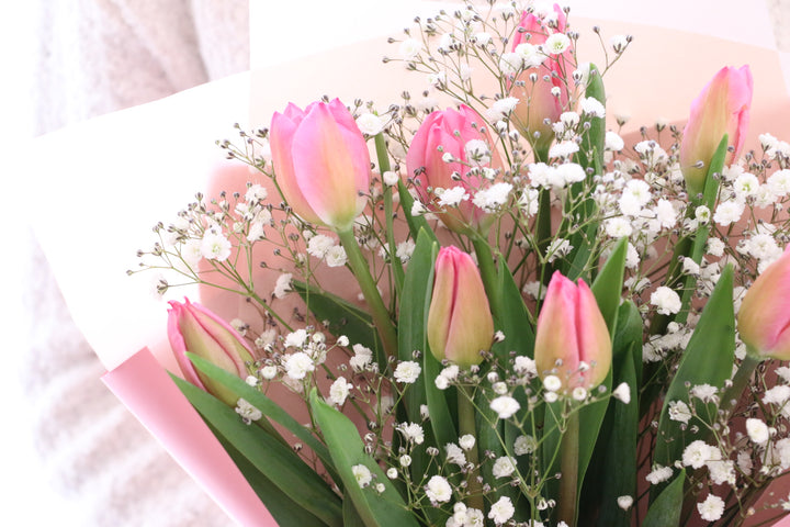 ピンクのチューリップ（8本）とカスミソウの花束