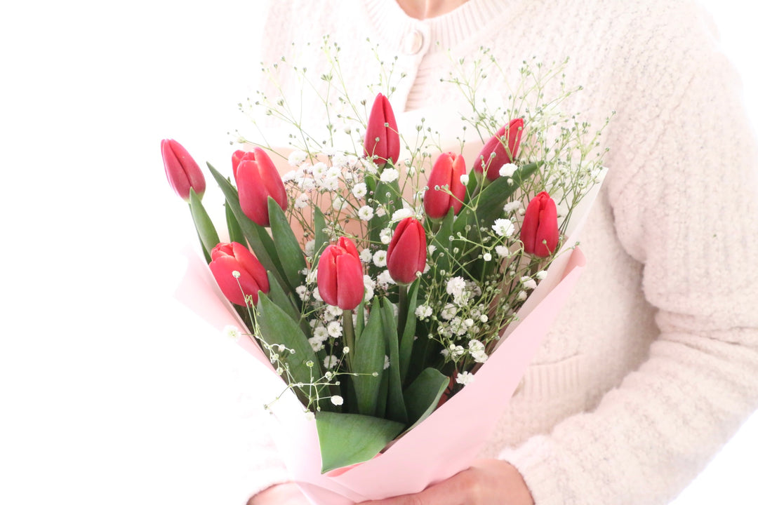 赤いチューリップ（9本）とカスミソウの花束