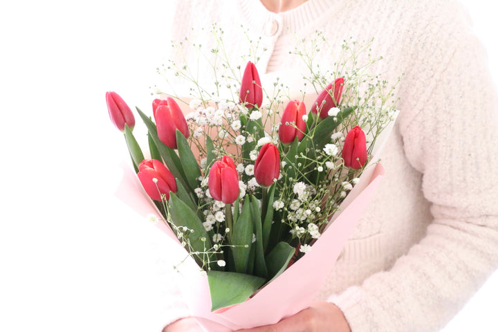 赤いチューリップ（9本）とカスミソウの花束