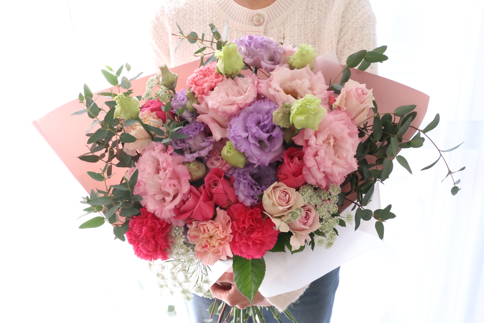 ピンクと紫の造花ブーケ 造花 ピンクパープル 花束 ピンク パープルのフラワーパレードブーケ