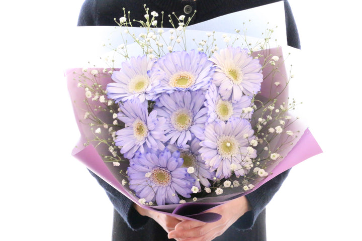 紫色のガーベラ（9本）とカスミソウの花束-いつまでも一緒にいてください