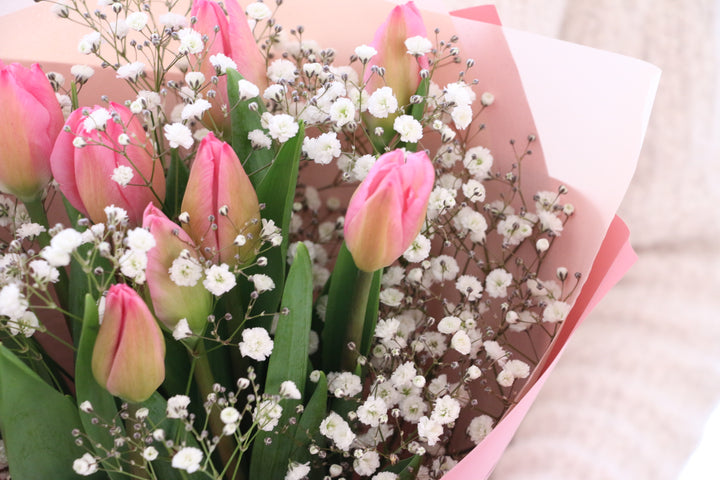 ピンクのチューリップ（9本）とカスミソウの花束