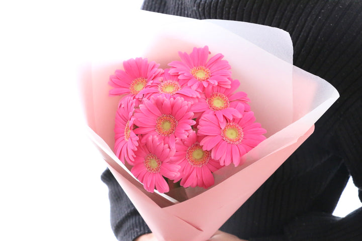 濃いピンク色のガーベラの花束（9本）-いつまでも一緒にいてください