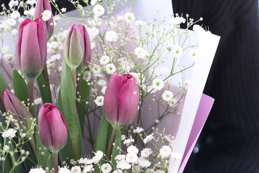 紫色のチューリップ（10本）とカスミソウの花束