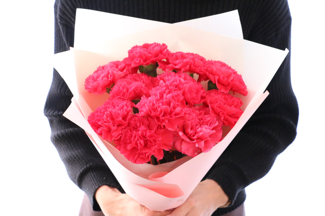濃いピンクのカーネーションの花束（12本）-私の妻になってください