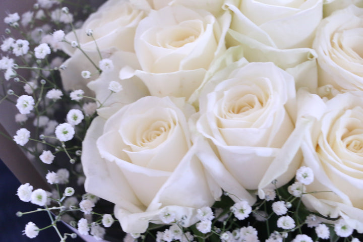 12本の白色のバラとカスミソウ（かすみ草）の花束-私の妻になってください