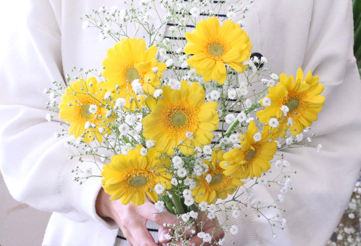 かすみ草（カスミソウ）と黄色ガーベラの花束