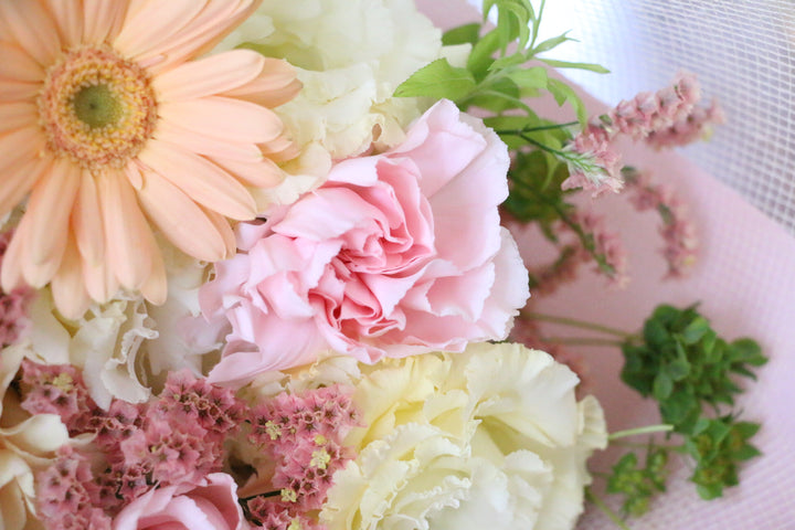 ピンク・黄色の花束　ピンク色カーネーションのアップ