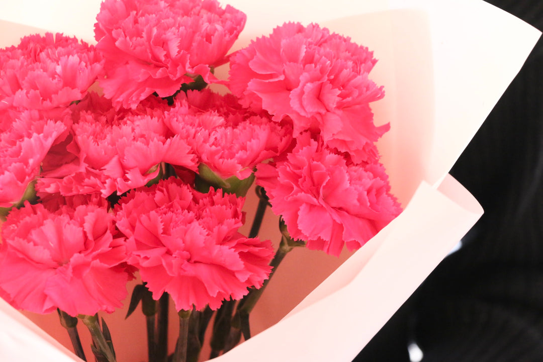 濃いピンクのカーネーションの花束（9本）-いつまでも一緒にいてください