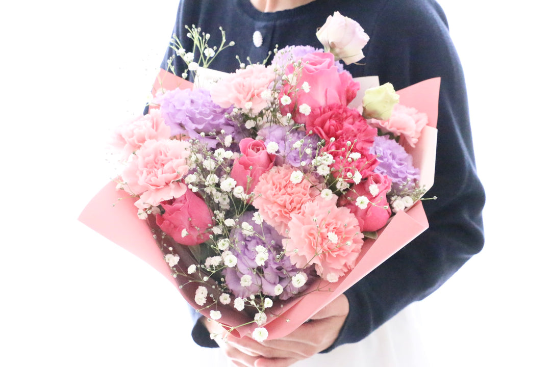 カスミソウ入り紫・ピンクの花束 8,000円