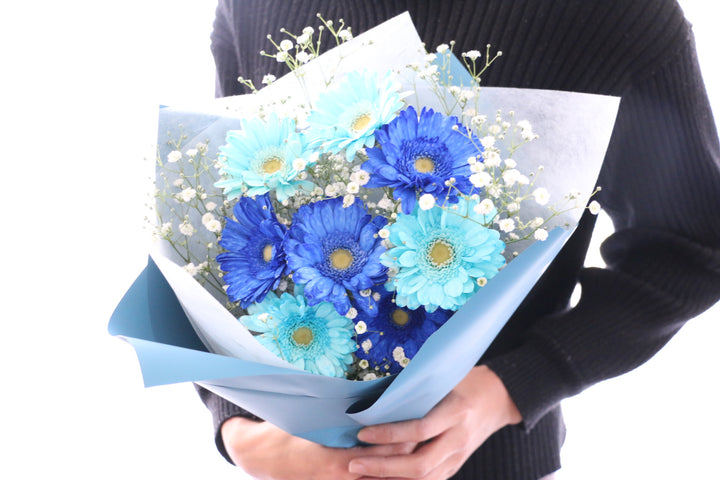 水色と青色のガーベラ（8本）とカスミソウの花束