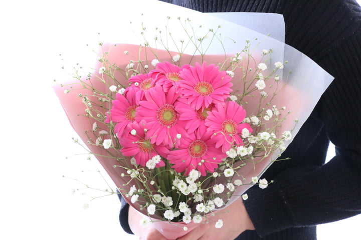 濃いピンク色のガーベラ（9本）とカスミソウの花束